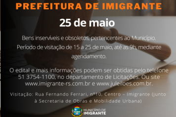 Prefeitura de Imigrante realiza leilão