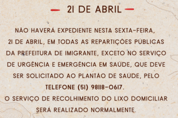 Administração Municipal define funcionamento no feriado de Tiradentes