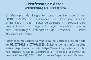 Prefeitura prorroga inscrições para seleção de professores de artes