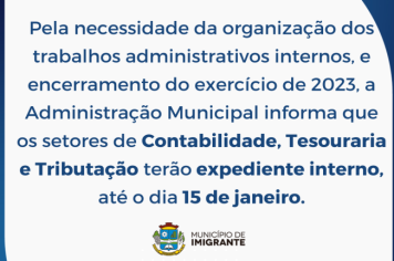 Prefeitura terá expediente interno de 22/12 a 15/01