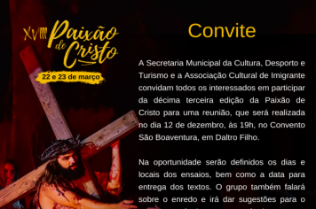 Convite para reunião da XII Paixão de Cristo de Imigrante