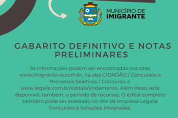 Gabarito definitivo e notas preliminares do Concurso Público da Prefeitura de Imigrante