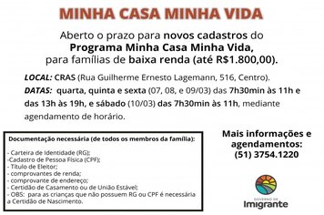 Aberto prazo para novos cadastros do Programa Minha Casa Minha Vida para famílias de baixa renda