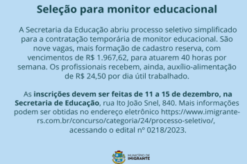 Prefeitura abre seleção para monitor educacional