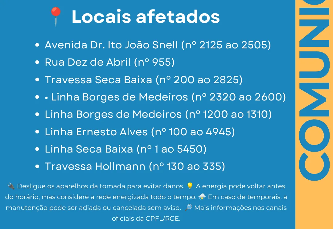 Atenção: interrupção de energia prevista para este sábado, dia 06 de junho, em Imigrante