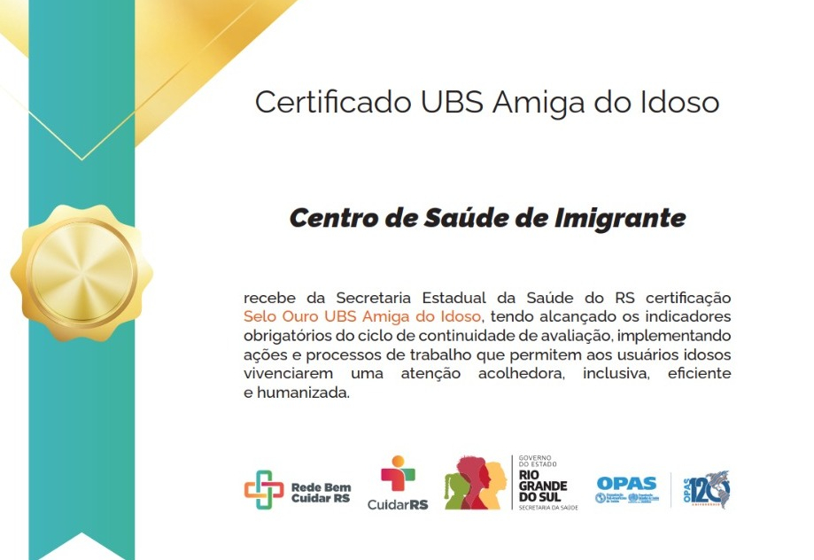 Centro de Saúde de Imigrante recebe Selo Ouro UBS Amiga do Idoso