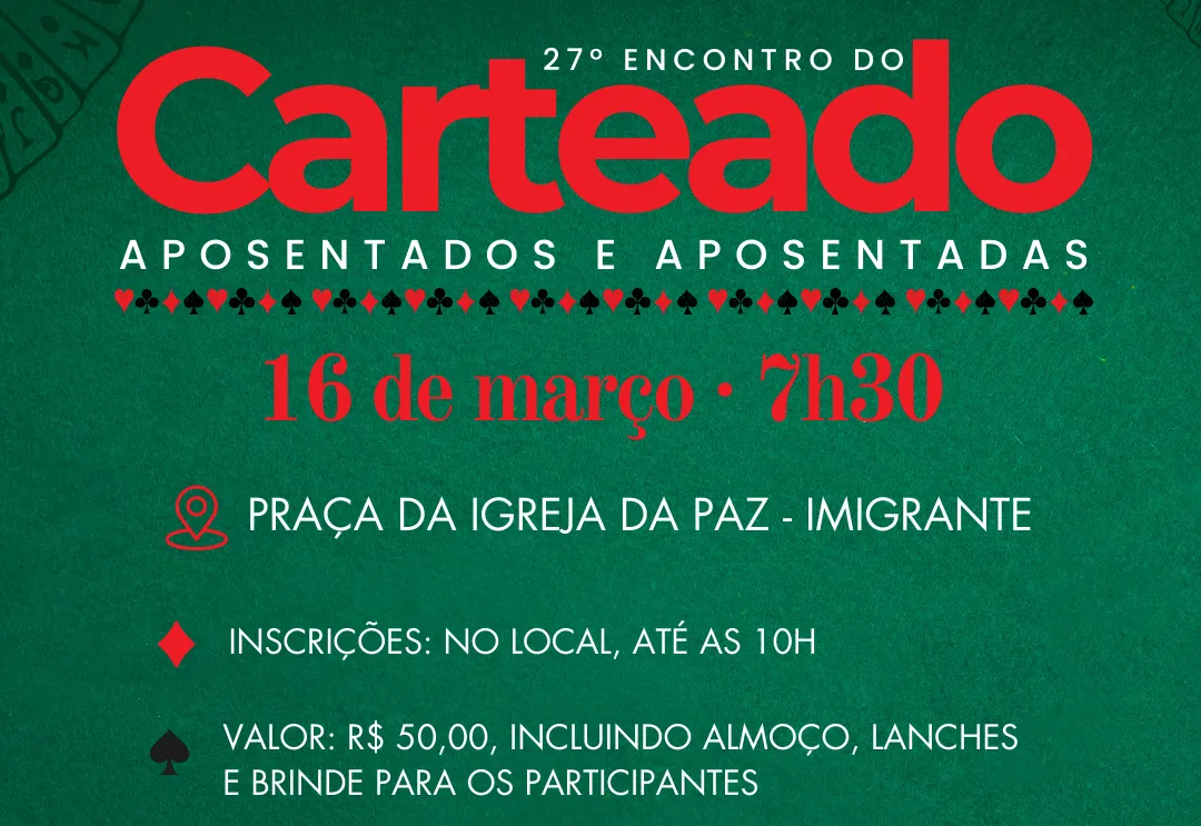 27º Encontro do Carteado para aposentados será no dia 16 de março em Imigrante