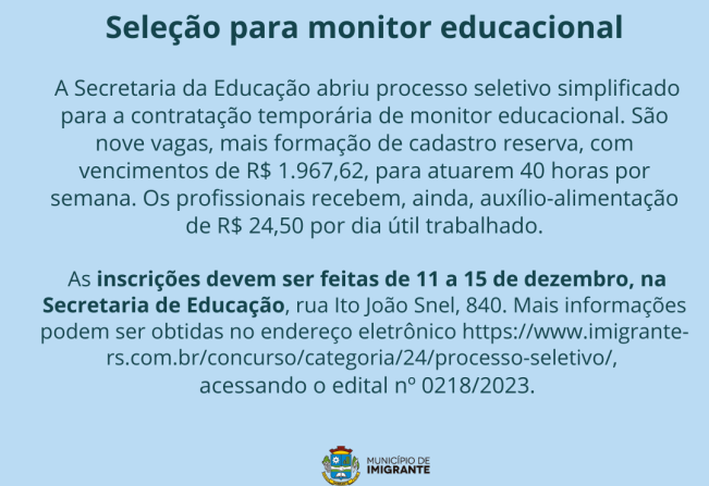 Prefeitura abre seleção para monitor educacional