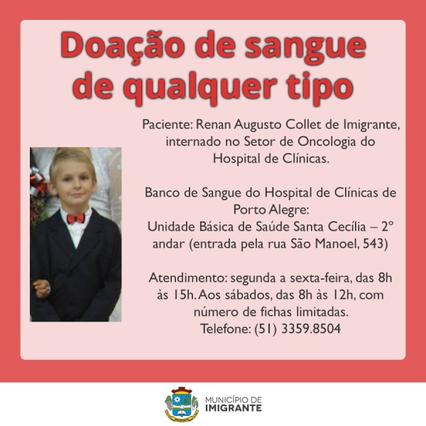 Imigrantense necessita de doadores de sangue